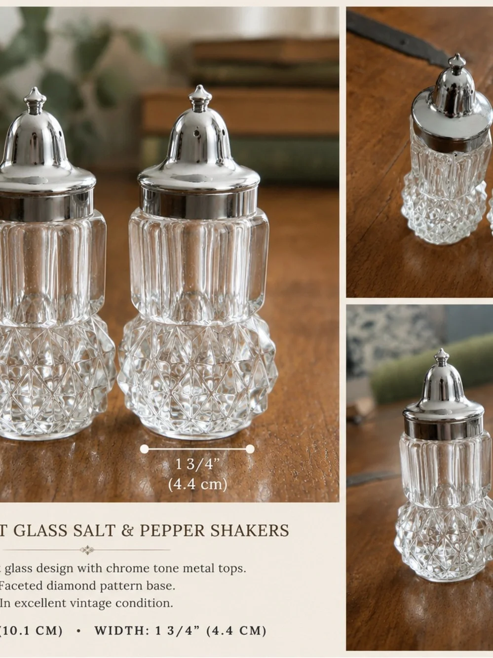 Crystal Glass Salt and Pepper Shakers with Silver Tops - Clear